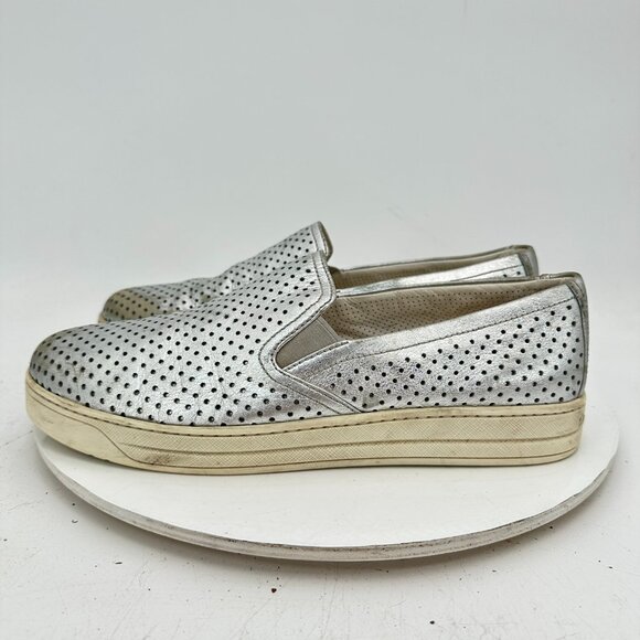 Prada Women Size EU 39 US 9 Silver Metallic Perforated Leather Slip On Shoes - Picture 1 of 11